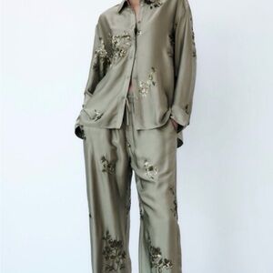 Zara sage green sequin satin effect shirt and pants set.